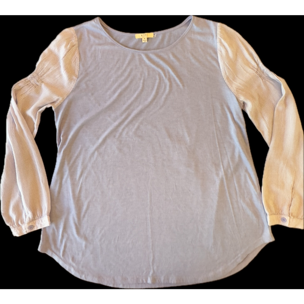 KORI Women’s Light Blue Top with White & Light Blue Striped Balloon Sleeves - Si